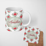 Personalized Custom Name Watercolor Poinsettia Floral Christmas Seamless Pattern with Lovely 11oz Ceramic Coffee Tea Mug White Large Handle