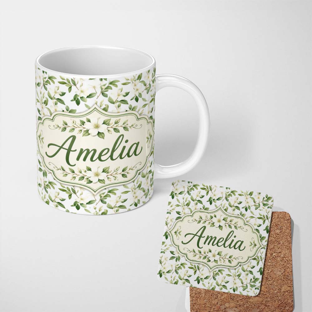 Personalized Custom Name Elegant White Blossom Floral Branch Pattern on Soft Neutral Lovely 11oz Ceramic Coffee Tea Mug White Large Handle