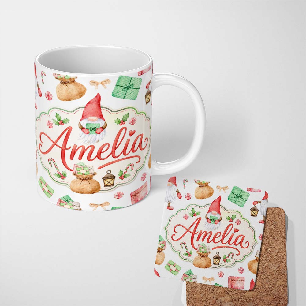 Personalized Custom Name Cute Christmas Gnome Gift Candy Cane Holiday Seamless Pattern Lovely 11oz Ceramic Coffee Tea Mug White Large Handle
