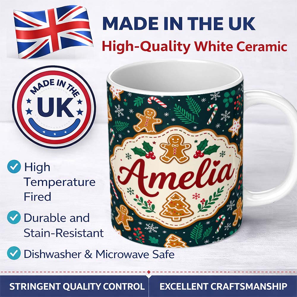 Personalized Custom Name Cute Gingerbread Cookies Candy Canes Holly Festive Seamless Pattern 11oz Ceramic Coffee Tea Mug White Large Handle