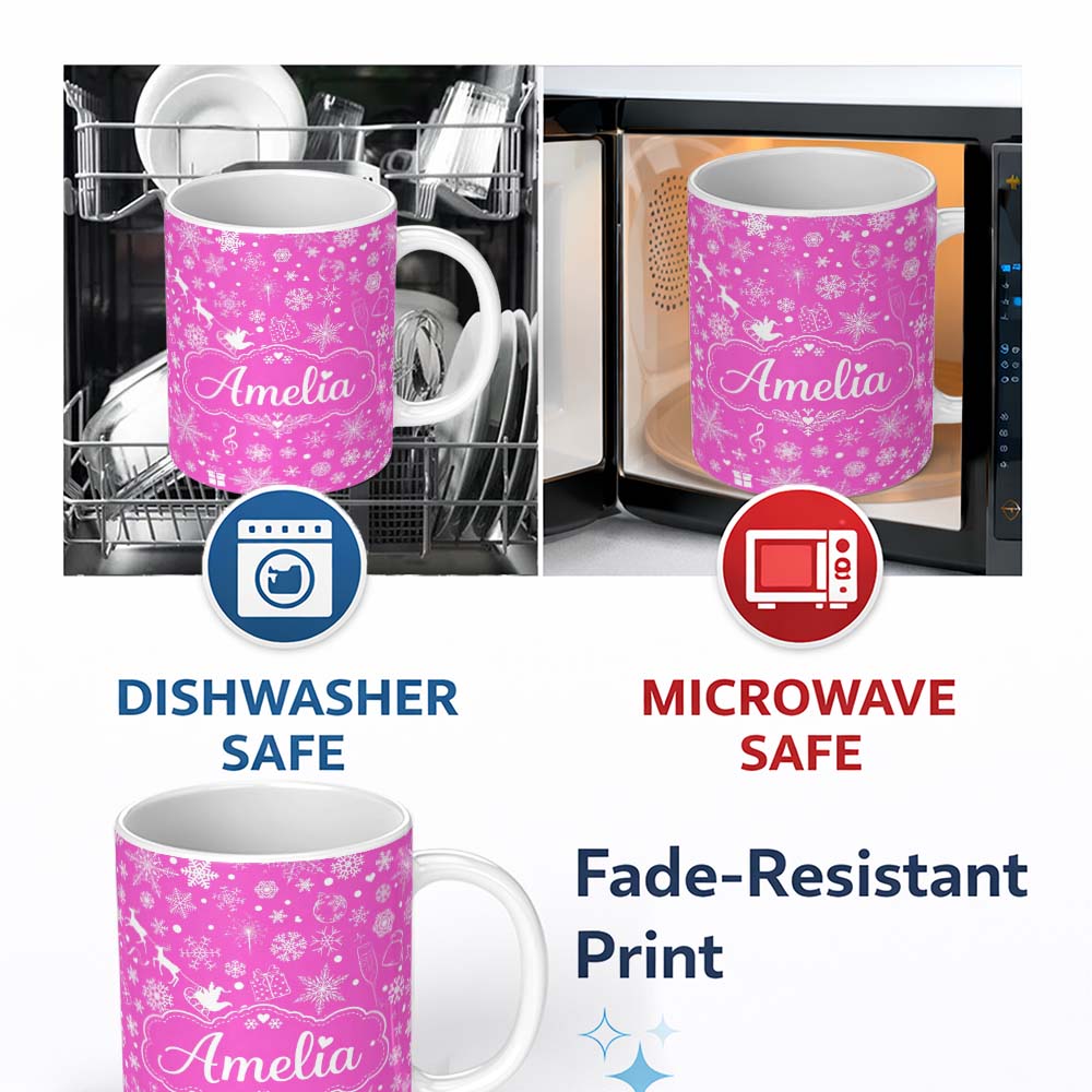 Personalized Custom Name Festive Pink Christmas Snowflakes Reindeer Seamless Pattern Lovely 11oz Ceramic Coffee Tea Mug White Large Handle