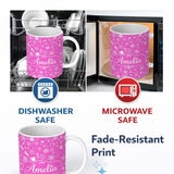 Personalized Custom Name Festive Pink Christmas Snowflakes Reindeer Seamless Pattern Lovely 11oz Ceramic Coffee Tea Mug White Large Handle