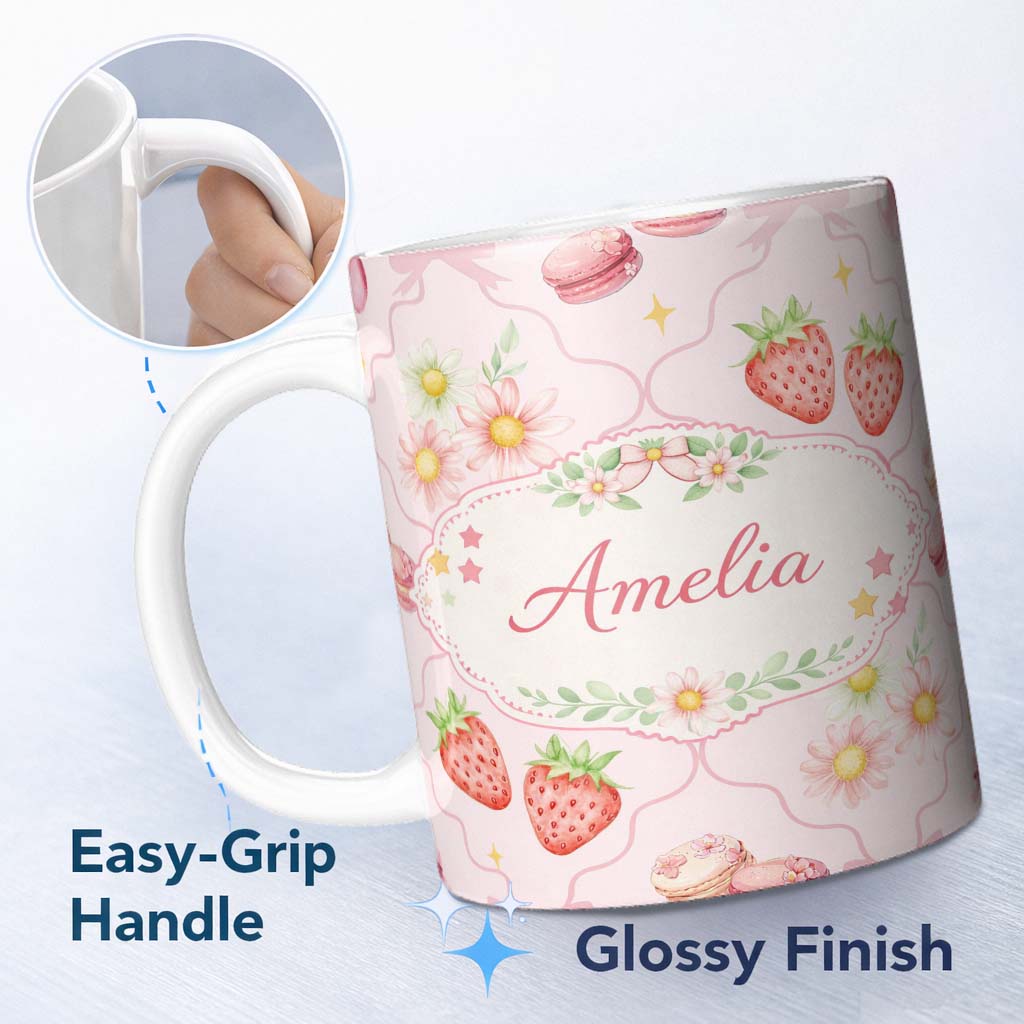 Personalized Custom Name Strawberry Cherry Daisy Seamless Pattern Soft Pink Cute Coquette 11oz Ceramic Coffee Tea Mug White Large Handle