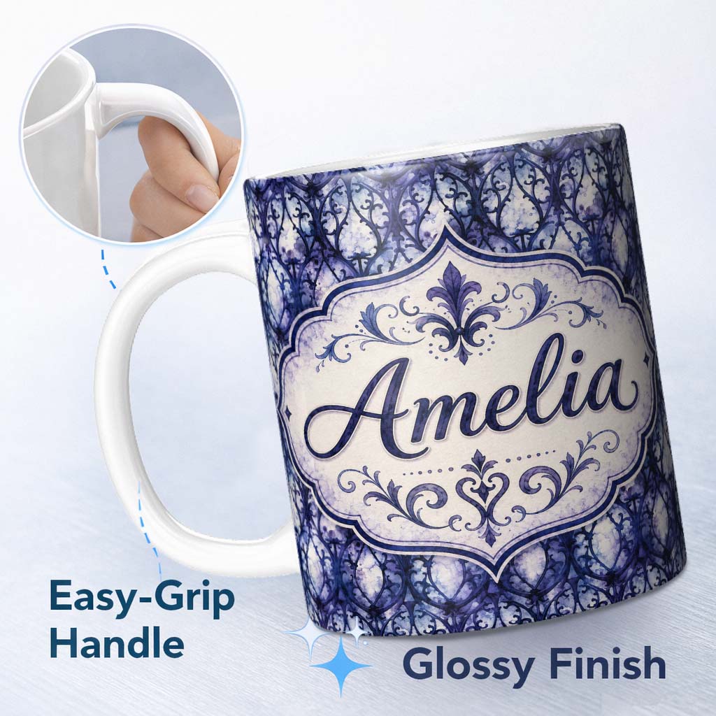 Personalized Custom Name Watercolor Gothic Lattice Indigo Blue Seamless Pattern Lovely 11oz Ceramic Coffee Tea Mug White Large Handle