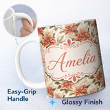 Personalized Custom Name Vintage Cream Poinsettia Floral Botanical Christmas Seamless Pattern 11oz Ceramic Coffee Tea Mug White Large Handle