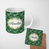 Personalized Custom Name Soft Sage Botanical Leaves Minimal Seamless Pattern Cute Unique Gift 11oz Ceramic Coffee Tea Mug White Large Handle