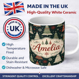 Personalized Custom Name Scandi Christmas Trees Snowflakes Red Green Dark Background Seamless 11oz Ceramic Coffee Tea Mug White Large Handle