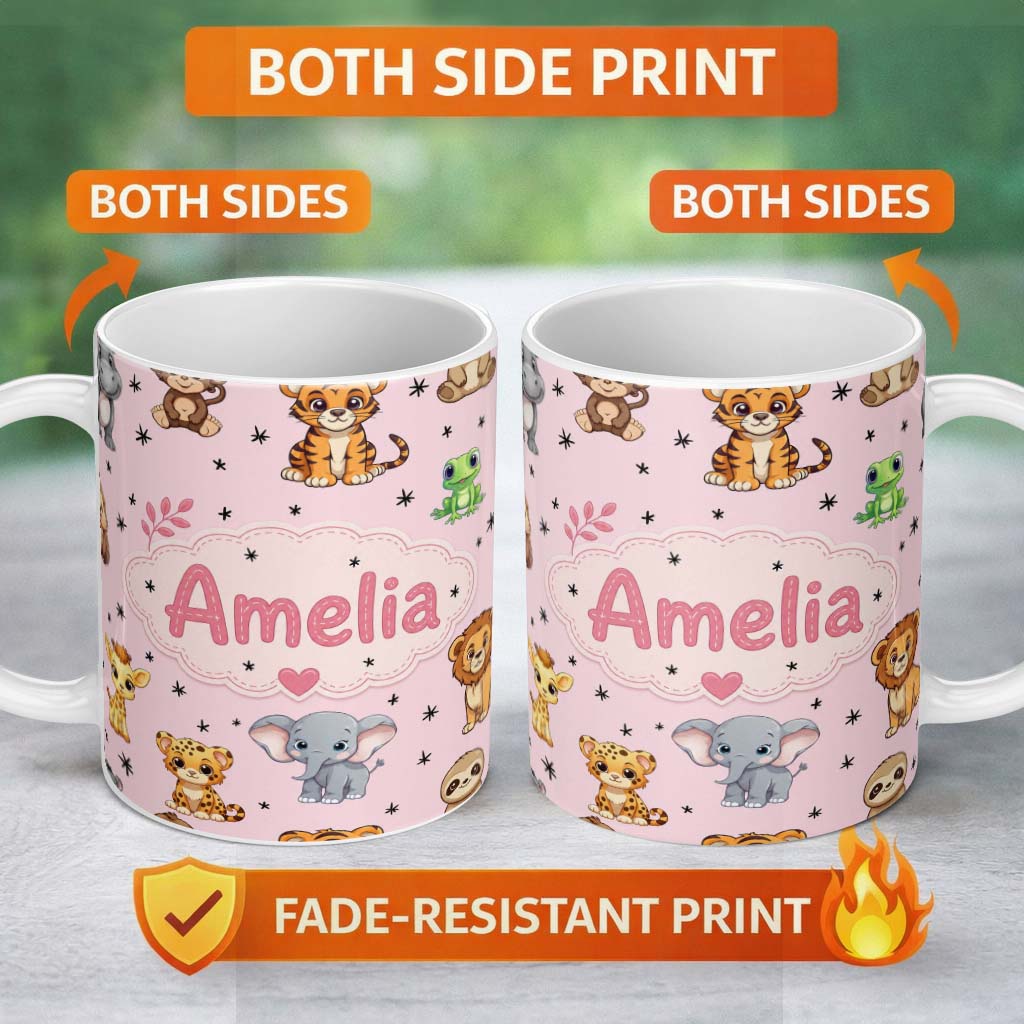 Personalized Custom Name Cute Jungle Baby Animals Tiger Elephant Giraffe Pattern Pink 11oz Ceramic Coffee Tea Mug White Large Handle