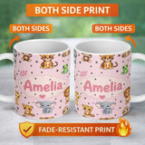 Personalized Custom Name Cute Jungle Baby Animals Tiger Elephant Giraffe Pattern Pink 11oz Ceramic Coffee Tea Mug White Large Handle