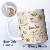 Personalized Custom Name Minimal Floral Pattern with Cute Smiling Sun Design Seamless Lovely 11oz Ceramic Coffee Tea Mug White Large Handle