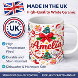 Personalized Custom Name Cute Christmas Tree Snowman Gift Box Ornament Seamless Pattern 11oz Ceramic Coffee Tea Mug White Large Handle