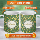 Personalized Custom Name Vintage Yellow Apples with Leaves on Green Background Seamless 11oz Ceramic Coffee Tea Mug White Large Handle