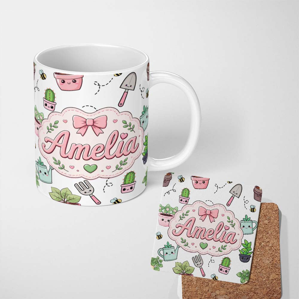 Personalized Custom Name Cute Kawaii Garden Tools Plants Bees Seamless Pattern Grey Lovely 11oz Ceramic Coffee Tea Mug White Large Handle