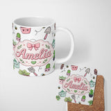 Personalized Custom Name Cute Kawaii Garden Tools Plants Bees Seamless Pattern Grey Lovely 11oz Ceramic Coffee Tea Mug White Large Handle
