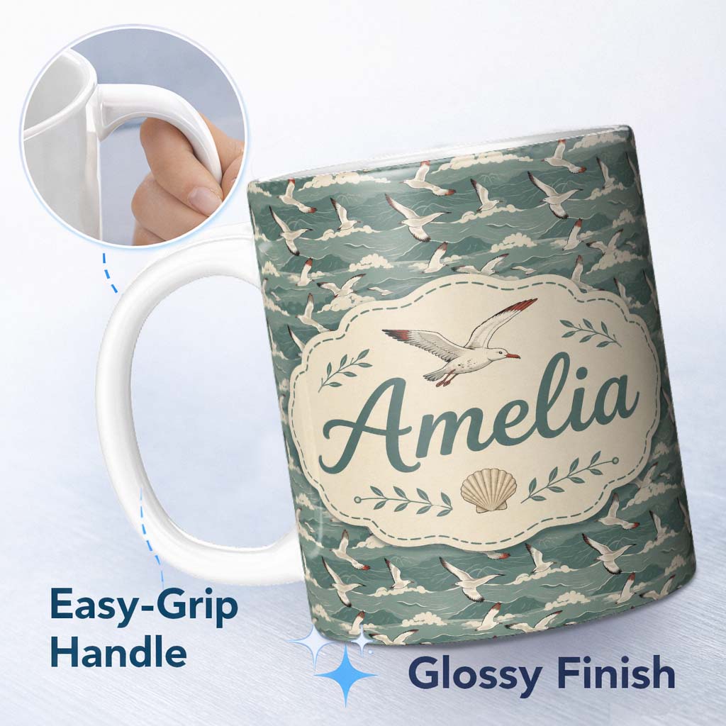Personalized Custom Name Seagulls Flying Over Stylized Ocean Waves Seamless Pattern Lovely 11oz Ceramic Coffee Tea Mug White Large Handle