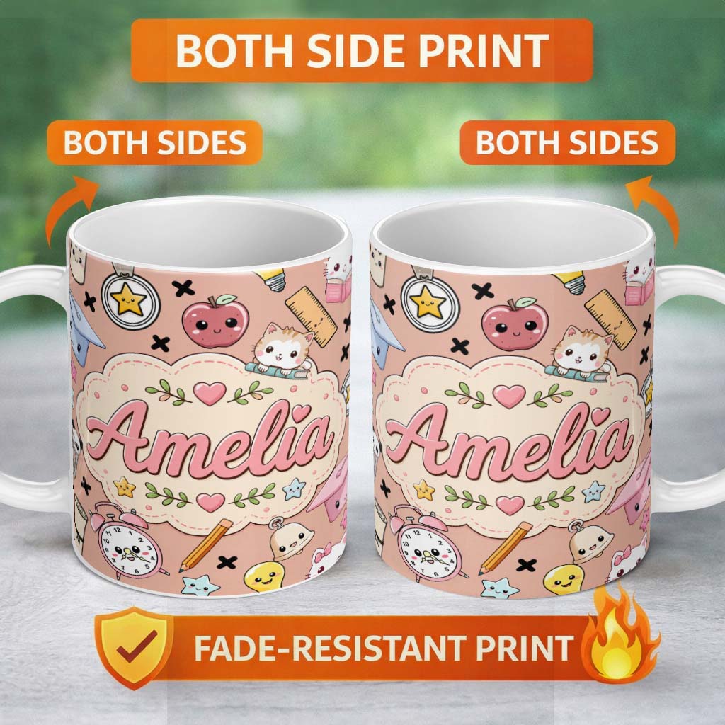 Personalized Custom Name Cute Kawaii School Cat Books Apple Clock Supplies Pattern Peach 11oz Ceramic Coffee Tea Mug White Large Handle