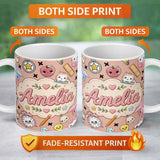 Personalized Custom Name Cute Kawaii School Cat Books Apple Clock Supplies Pattern Peach 11oz Ceramic Coffee Tea Mug White Large Handle