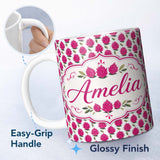 Personalized Custom Name Stylized Dragon Fruit Botanical Seamless Pattern Cute Unique Gift 11oz Ceramic Coffee Tea Mug White Large Handle