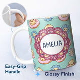 Personalized Custom Name Cute Baby Chick Donut Flowers Seamless Pattern Mint Background 11oz Ceramic Coffee Tea Mug White Large Handle