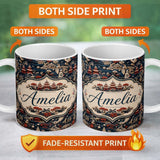 Personalized Custom Name Oriental Crane Birds Pagoda Scenic Detailed Seamless Pattern Lovely 11oz Ceramic Coffee Tea Mug White Large Handle