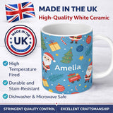Personalized Custom Name Cute Santa Gifts Christmas Tree Blue Festive Seamless Pattern Lovely 11oz Ceramic Coffee Tea Mug White Large Handle