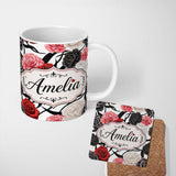 Personalized Custom Name Elegant Rose Floral with Black Red and White Flowers on Light Grey 11oz Ceramic Coffee Tea Mug White Large Handle