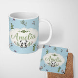 Personalized Custom Name Cute Panda Bamboo and Floral Minimal Seamless Pattern on Blue Lovely 11oz Ceramic Coffee Tea Mug White Large Handle