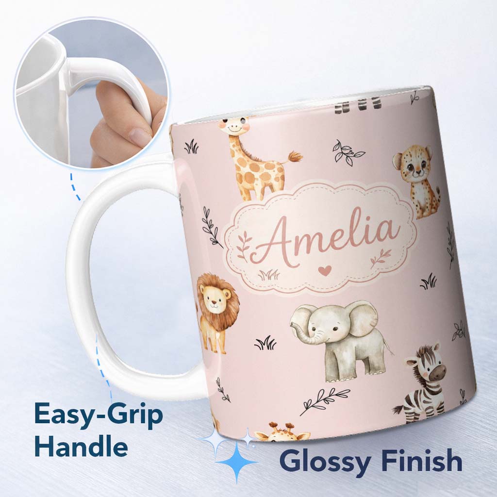 Personalized Custom Name Safari Animals with Elephant Lion and Leopard Cub Soft Blush Pink 11oz Ceramic Coffee Tea Mug White Large Handle