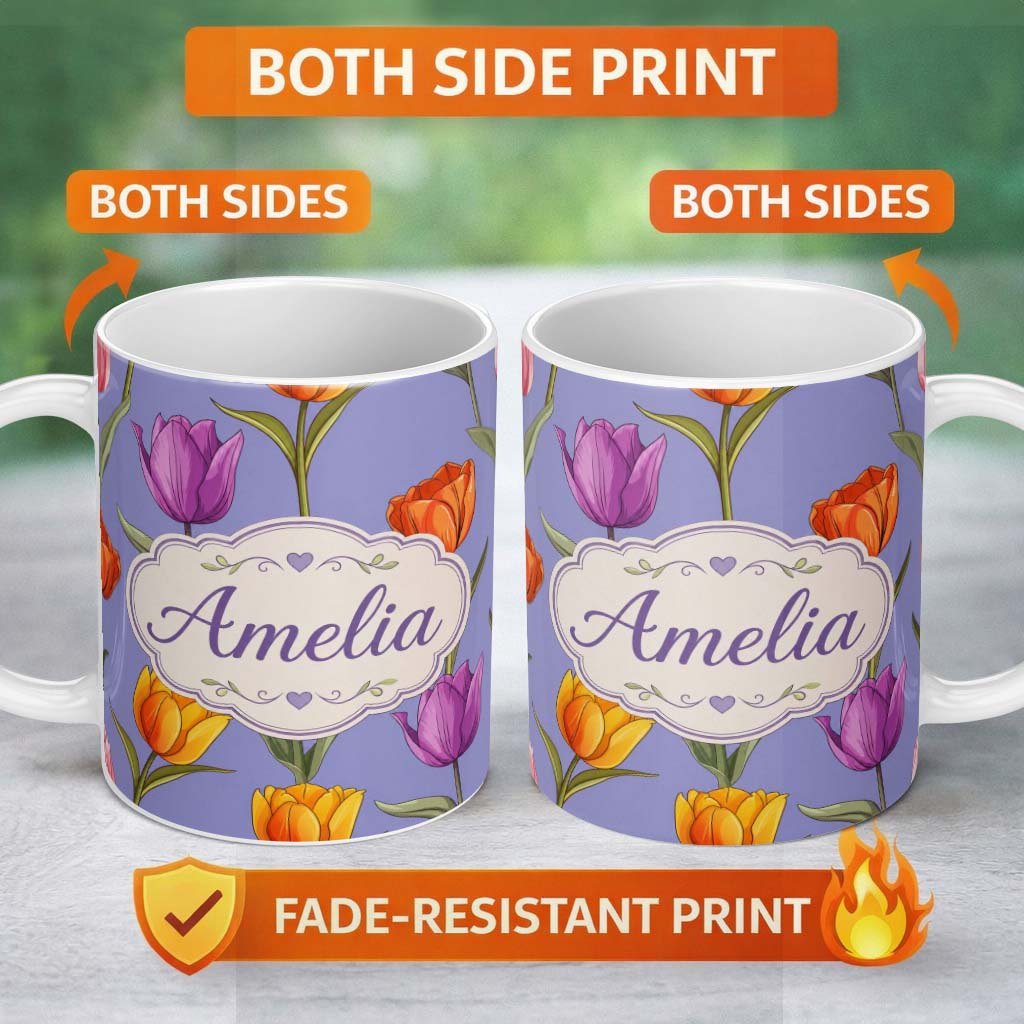 Personalized Custom Name Colorful Tulip Flowers Purple Background Spring Floral Seamless 11oz Ceramic Coffee Tea Mug White Large Handle