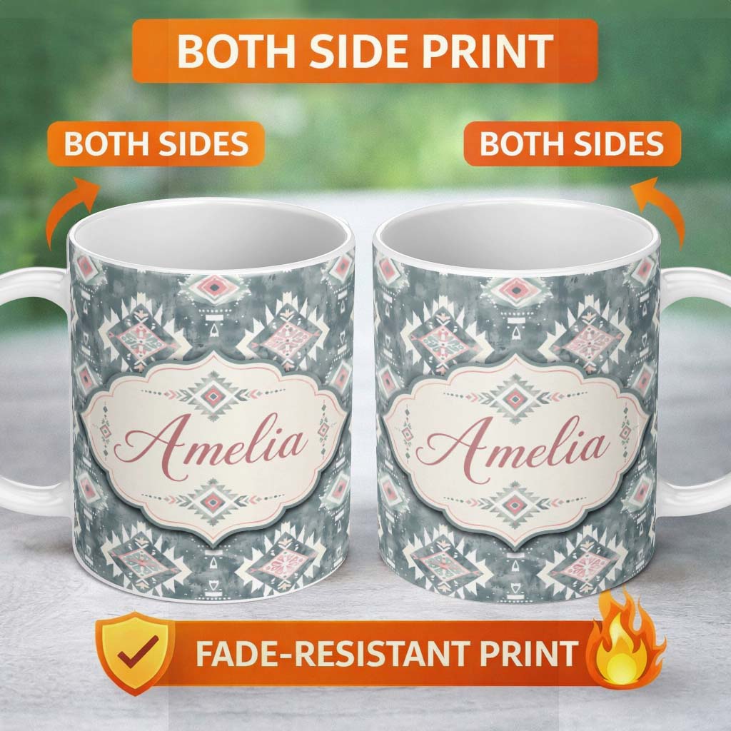 Personalized Custom Name Soft Grey and Pink Boho Tribal Seamless Pattern Perfect Gift for Her 11oz Ceramic Coffee Tea Mug White Large Handle
