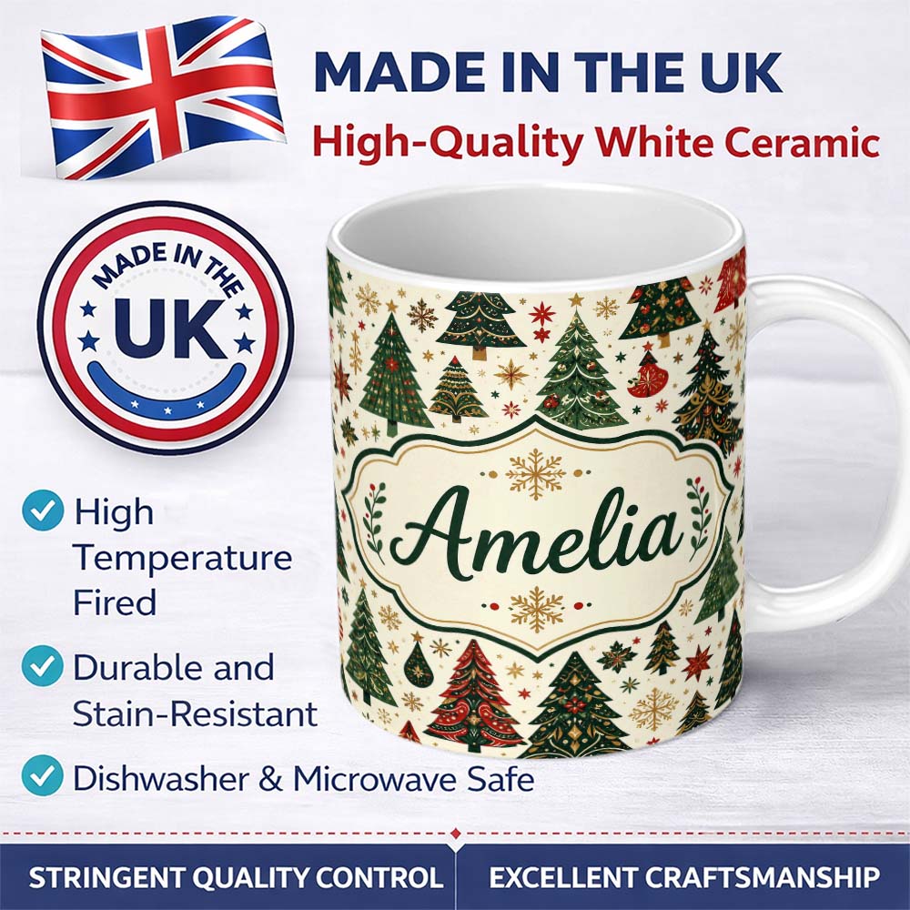 Personalized Custom Name Decorative Christmas Tree Motifs with Snowflakes and Starbursts 11oz Ceramic Coffee Tea Mug White Large Handle