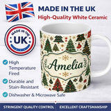 Personalized Custom Name Decorative Christmas Tree Motifs with Snowflakes and Starbursts 11oz Ceramic Coffee Tea Mug White Large Handle