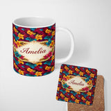 Personalized Custom Name Multicolor Autumn Leaves Dense Seamless Pattern Cute Unique Gift 11oz Ceramic Coffee Tea Mug White Large Handle