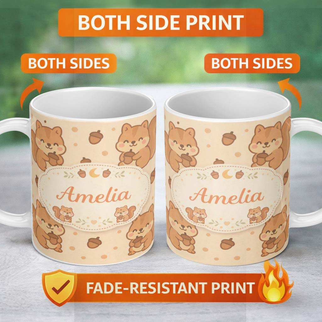 Personalized Custom Name Cute Squirrel Acorn Cartoon Animal Pattern Perfect Gift for Her 11oz Ceramic Coffee Tea Mug White Large Handle