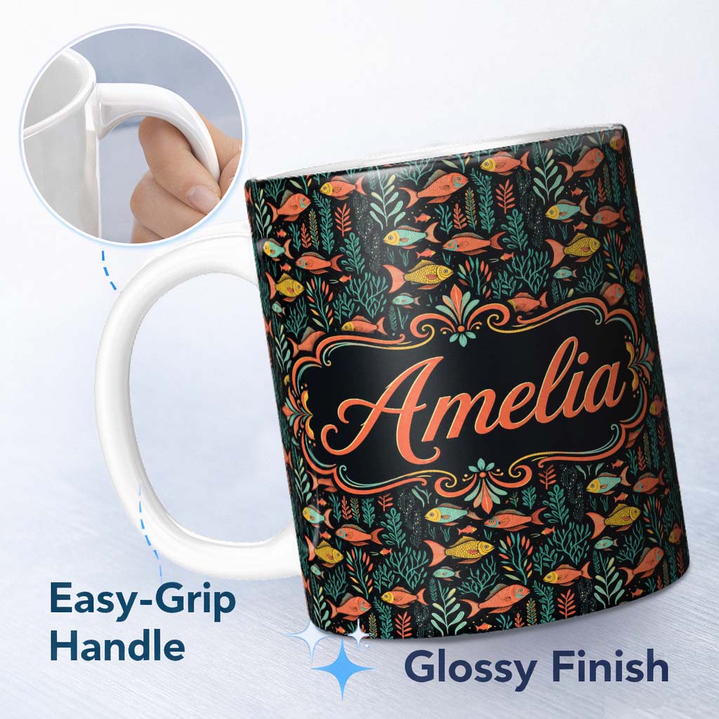 Personalized Custom Name Elegant Flowing Goldfish with Ornate Fins on Black Background Lovely 11oz Ceramic Coffee Tea Mug White Large Handle