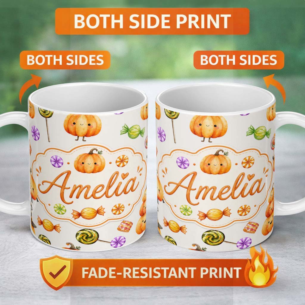 Personalized Custom Name Cute Watercolor Pumpkins and Candy Sweets on Teal Green Background 11oz Ceramic Coffee Tea Mug White Large Handle