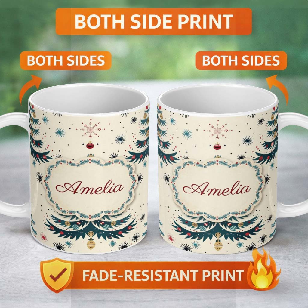 Personalized Custom Name Mid Century Christmas Tree Abstract Stars Seamless Pattern Lovely 11oz Ceramic Coffee Tea Mug White Large Handle