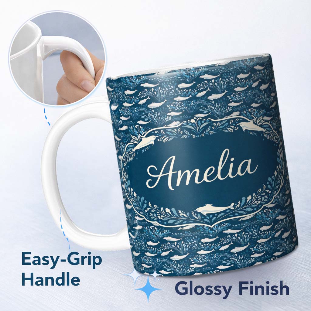 Personalized Custom Name Light Blue Whale Seamless Pattern Cute Marine Animal Ocean Design 11oz Ceramic Coffee Tea Mug White Large Handle
