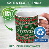 Personalized Custom Name Green Christmas Gift Box Knitted Fair Isle Seamless Pattern Lovely 11oz Ceramic Coffee Tea Mug White Large Handle