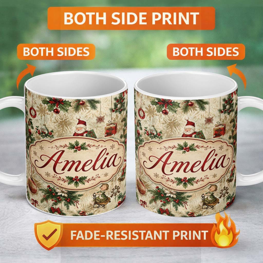 Personalized Custom Name Vintage Santa Gifts Holly Snowflakes Festive Christmas Holiday 11oz Ceramic Coffee Tea Mug White Large Handle