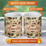 Personalized Custom Name Vintage Santa Gifts Holly Snowflakes Festive Christmas Holiday 11oz Ceramic Coffee Tea Mug White Large Handle
