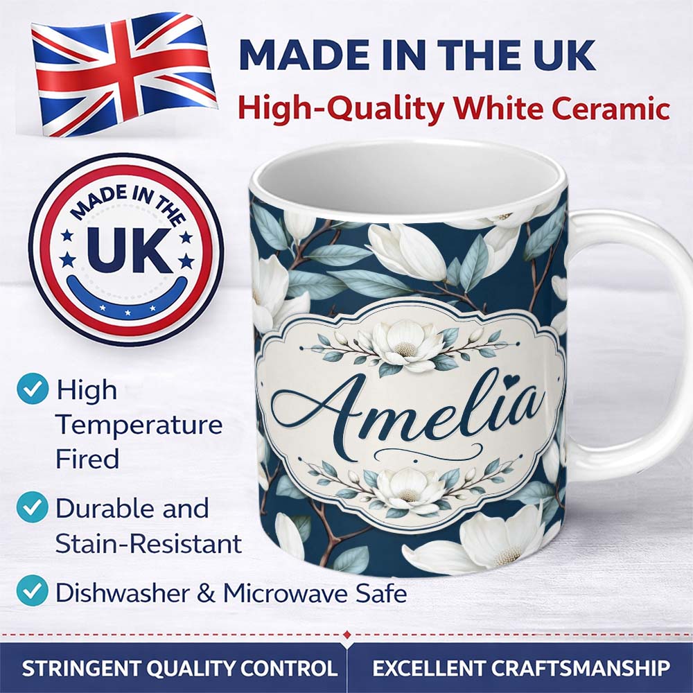 Personalized Custom Name Magnolia Flowers with Blue Leaves on Dark Background Seamless Lovely 11oz Ceramic Coffee Tea Mug White Large Handle