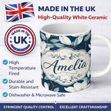 Personalized Custom Name Magnolia Flowers with Blue Leaves on Dark Background Seamless Lovely 11oz Ceramic Coffee Tea Mug White Large Handle