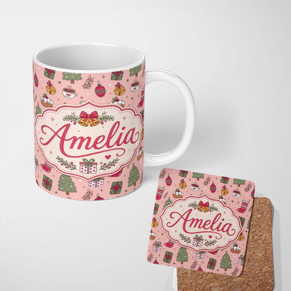 Personalized Custom Name Cute Christmas Tree Cupcake Gift Ornament Pink Seamless Pattern 11oz Ceramic Coffee Tea Mug White Large Handle