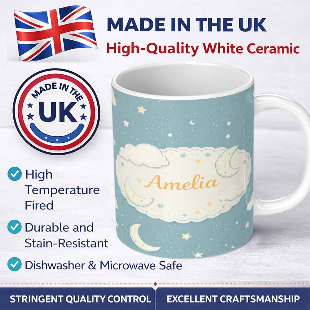 Personalized Custom Name Light Blue Night Sky Moon Hanging Stars Cute Seamless Pattern Lovely 11oz Ceramic Coffee Tea Mug White Large Handle