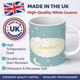 Personalized Custom Name Light Blue Night Sky Moon Hanging Stars Cute Seamless Pattern Lovely 11oz Ceramic Coffee Tea Mug White Large Handle