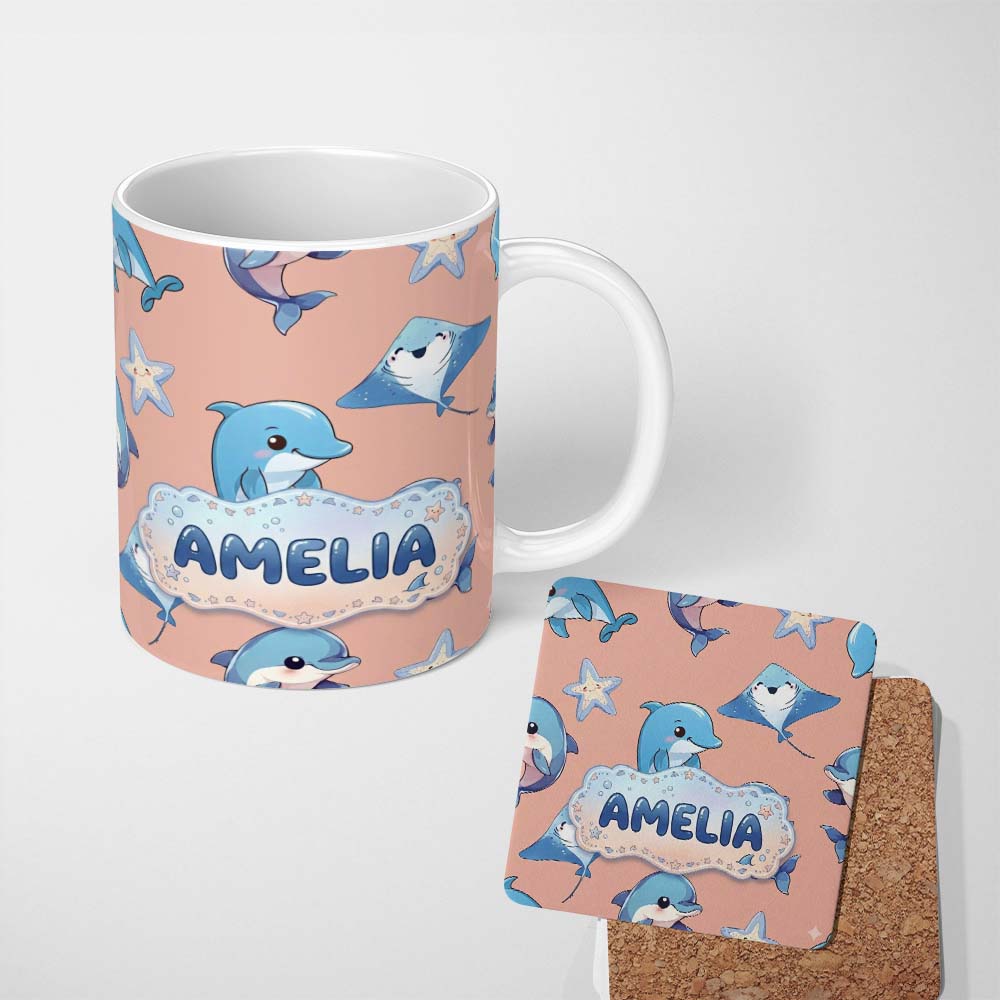 Personalized Custom Name Cute Dolphin Stingray Starfish Cartoon Sea Life Pattern Beige Lovely 11oz Ceramic Coffee Tea Mug White Large Handle