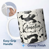 Personalized Custom Name Expressive Black Ink Calligraphy Brush Marks on Neutral Background 11oz Ceramic Coffee Tea Mug White Large Handle