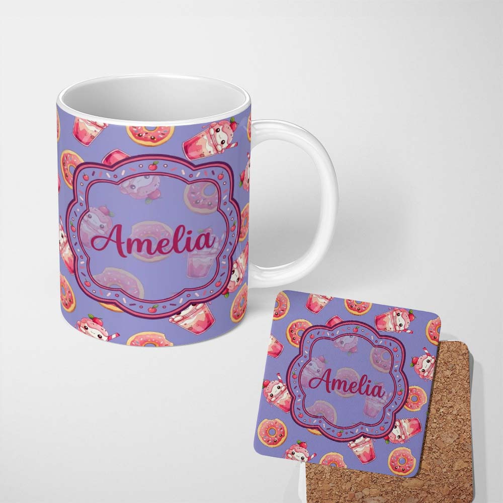 Personalized Custom Name Cute Kawaii Donuts and Strawberry Milkshake Blue Background 11oz Ceramic Coffee Tea Mug White Large Handle