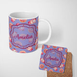 Personalized Custom Name Cute Kawaii Donuts and Strawberry Milkshake Blue Background 11oz Ceramic Coffee Tea Mug White Large Handle